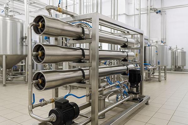 Stainless steel reverse osmosis (RO) system in a commercial food processing facility with pipes and pressure vessels