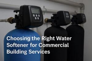 Three commercial water softener tanks installed in a utility room, with digital control valves, highlighting industrial water treatment equipment.”