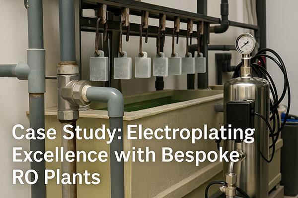 Industrial electroplating bath with suspended metal parts and a connected bespoke reverse osmosis (RO) system, illustrating water purification in manufacturing.