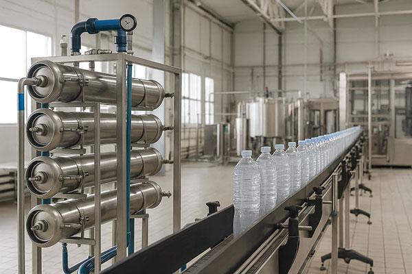 Industrial reverse osmosis system beside a conveyor line of bottled beverages in a modern food processing facility.