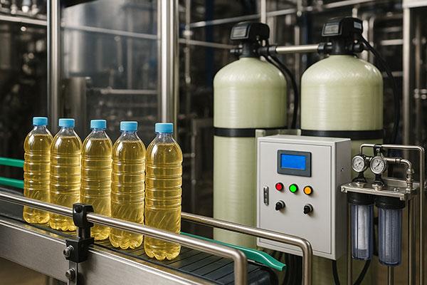Reverse osmosis system beside a beverage bottling line with yellow liquid-filled plastic bottles on a stainless steel conveyor.